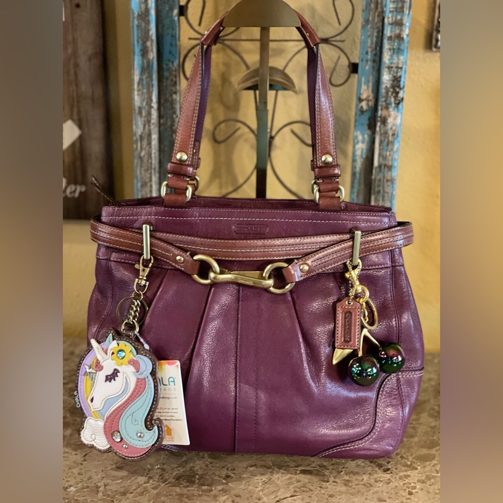COACH Leather Top Handle Shoulder Bag W/Chala Unicorn & Unbranded Cherry Charms
